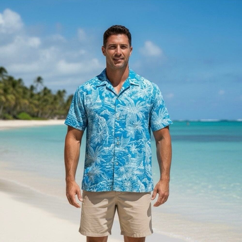 Nui Nalu Ocean Blue Mens Large Hawaiian Shirt Beach Vacation Resort Summer Golf